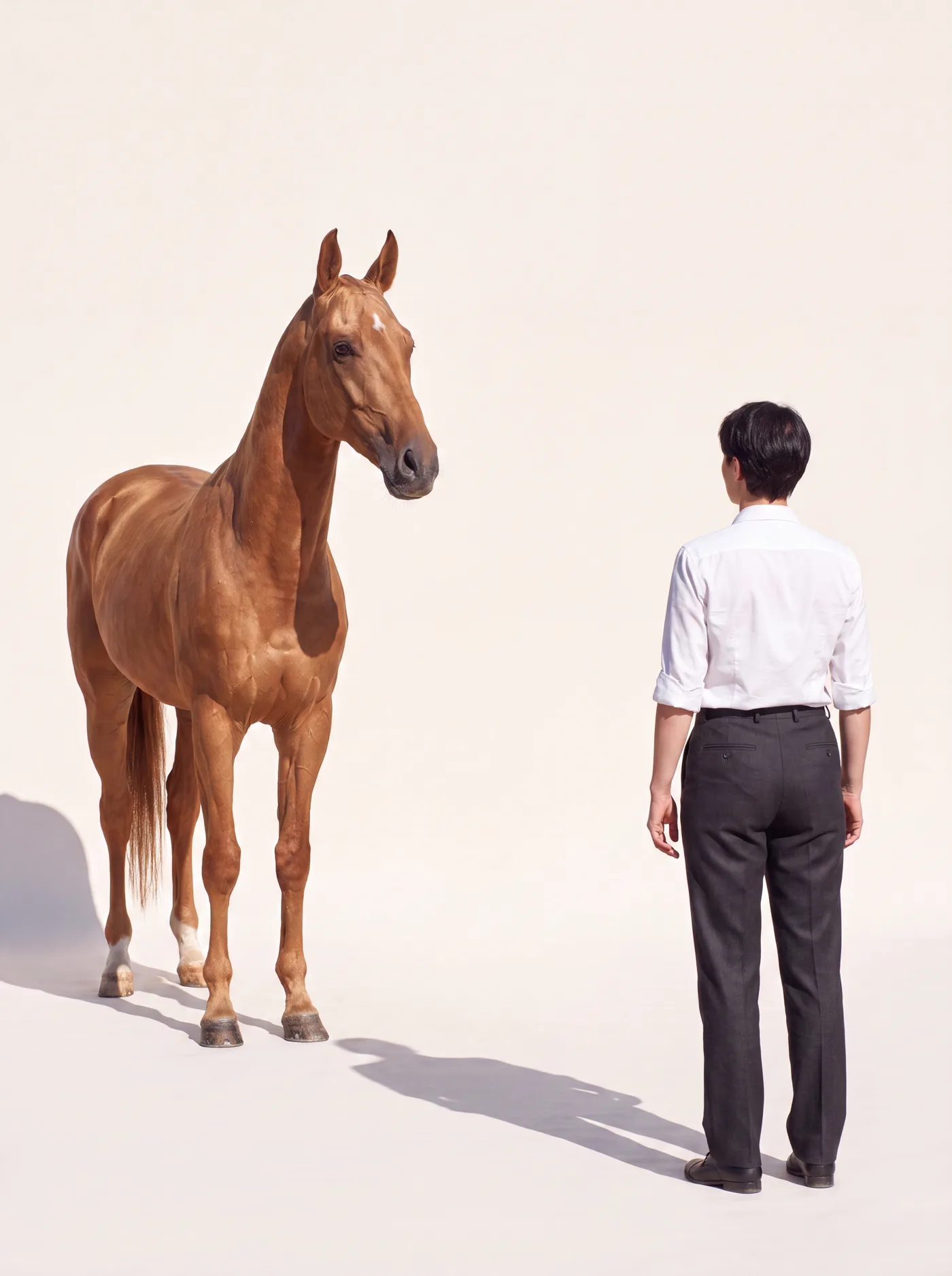 Une personne de dos, à distance, face à un cheval qui la regarde