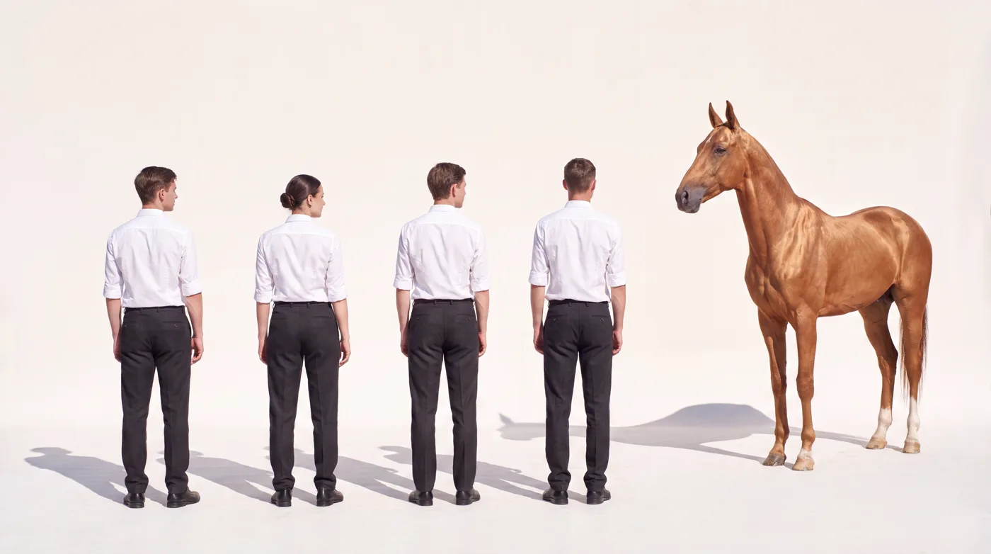 Quatre personnes de dos, alignées en rang, face à un cheval qui les observe